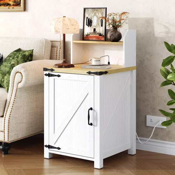 Dolonm 18" Side Table with Power Outlet & USB Ports, Bedside Table with Barn Door,Adjustable Shelf Storage Rack, for Living Room,Bedroom