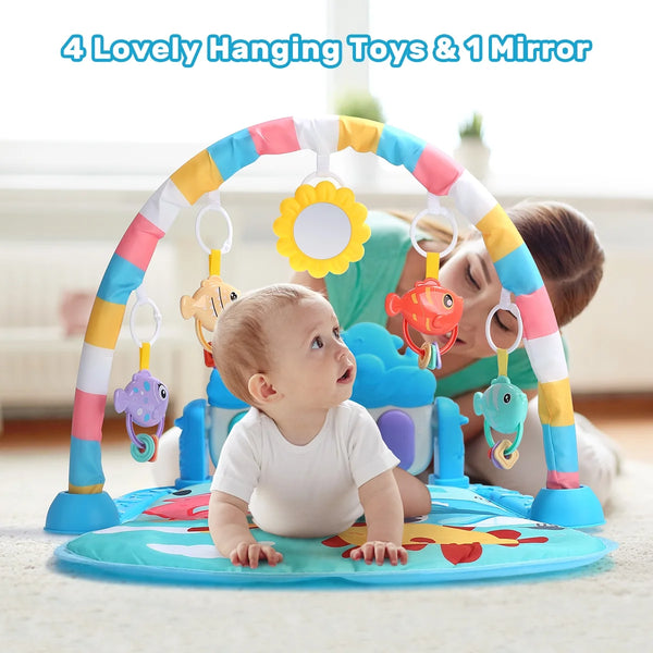 JoyStone Baby Gym Play Mat with 6 Detachable Toys, Washable Baby Activity Mat, Baby Gift for Newborn Infant 0-18 Months (Grey)