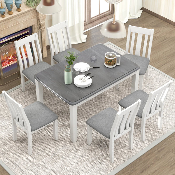 EUROCO 7 Piece Solid Wood Dining Set,70" Dining Room Table Set with Extendable Table,Removable Leaf and 6 Upholstered Ergonomically Desiged Chairs,Rectangle Dining Table Set for 6-8