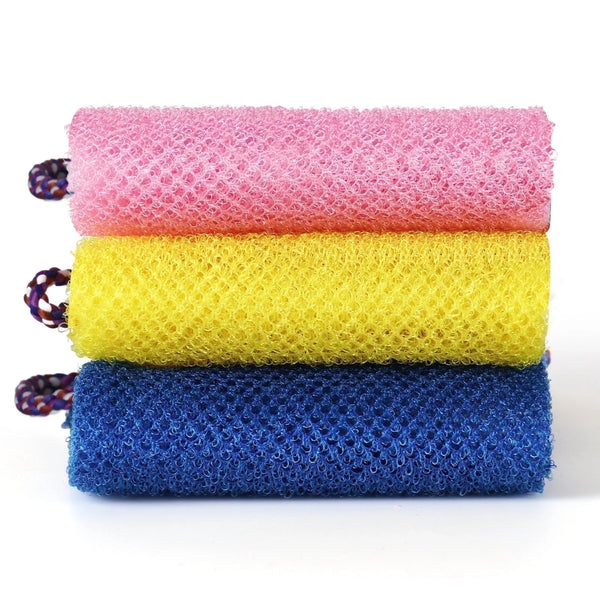 Okaka 3 Pcs African Net Bath Sponge Double Layer Exfoliating Washcloth Body Scrubber with Handle for Adult and Kids