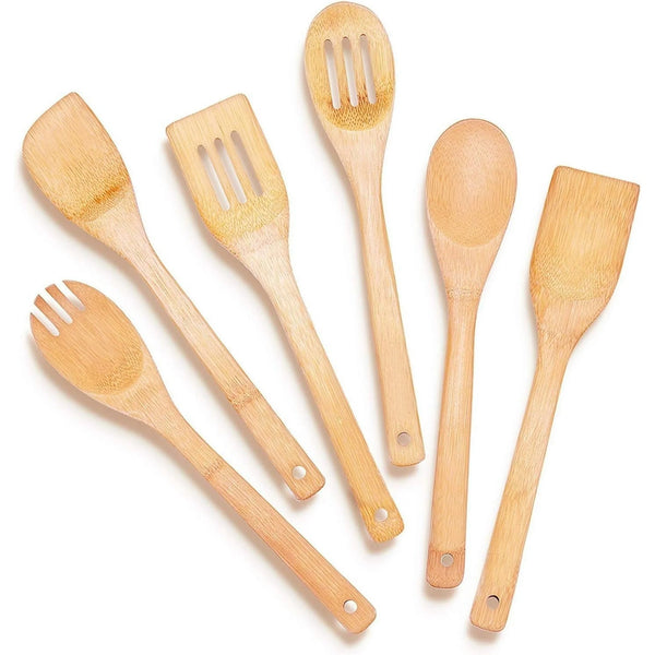 AOKIWO Bamboo Wooden Spatula Spoons for Kitchen Cooking 6pcs Nonstick Wood Spoon Utensil Sets