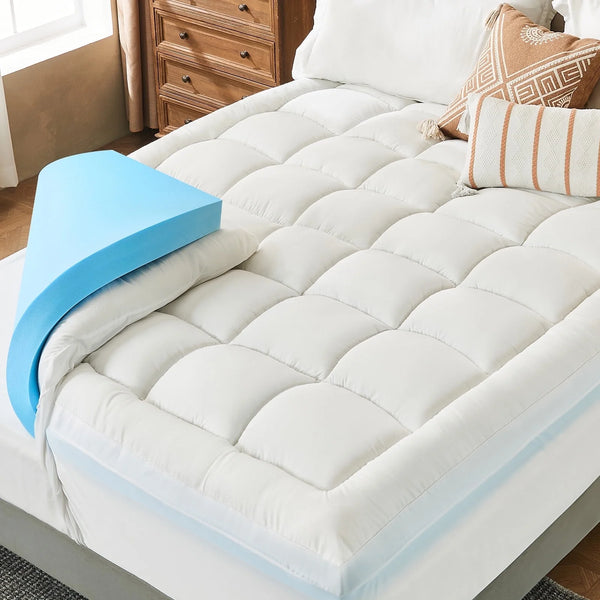 Teler Dual Layer 4 Inch Memory Foam Mattress Topper Queen Size, 2 Inch Cooling Gel Memory Foam Plus 2 Inch Pillow Top Cover