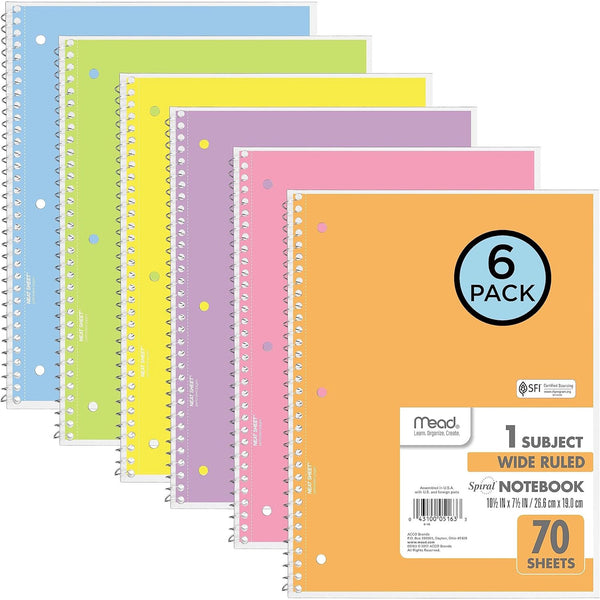 VINAUO 6 Pack Notebook, 5-Subject, 8.5 x 11 Spiral Notebook, Wide Ruled Paper, 70 Sheets, Assorted Pastel Colors