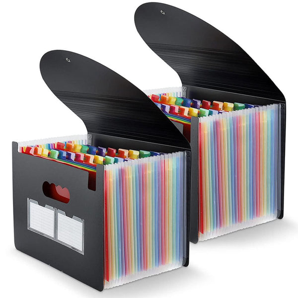 VINAUO 24 Pockets Expanding File Folder with Blank Labels, 2 Pack According File Organizer with Expandable Cover, Desktop Accordion Folders Letter A4 Paper Document Storage Organizer, Black