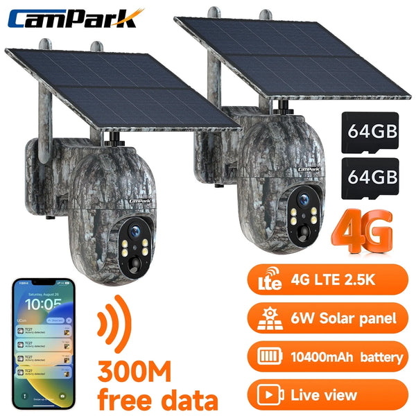 CAMPARK 2 Pack 4G LTE Cellular Trail Camera Wireless, Solar Game Camera with 360Pan 90Tilt, 2.5K HD Night Vision Motion Activated, Waterproof IP66, Hunting Security Camera with SIM&SD Card, NO WiFi
