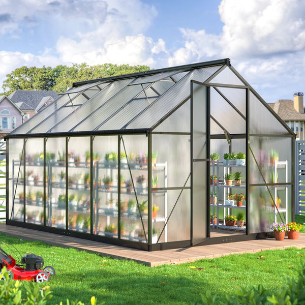 NETAJE 12'x8' Outdoor Greenhouse, Walk-in Polycarbonate Green House with Aluminum Frame for Backyard