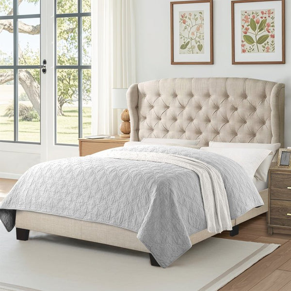 Queen Size Classical Bed Frame with Adjustable Button Tufted Headboard, Fabric Upholstered Platform Bed Frame for Bedroom, Strong Wooden Slat Support, Easy Assembly, Beige