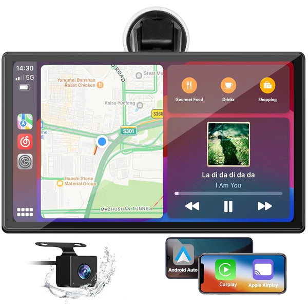 Lamtto Portable Car Stereo Wireless Apple CarPlay, 9" FHD Car Touch Sereen Radio with 1080P Backup Camera, Android Auto, Voice Control, Bluetooth, Mirror Link, GPS Navigation, Balck