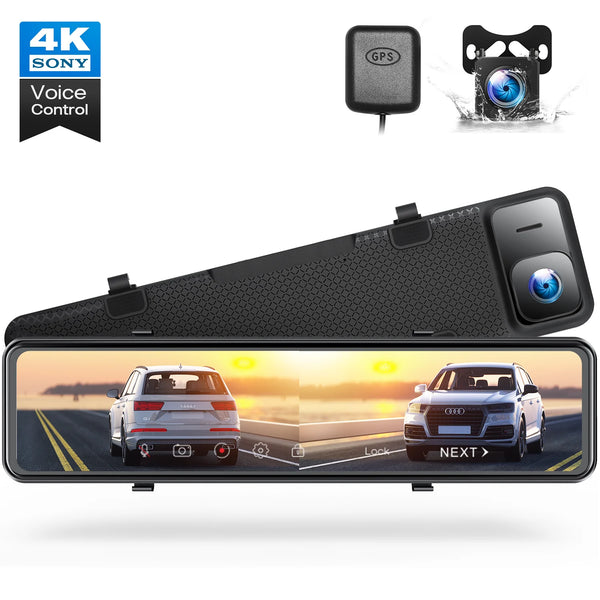 TOGUARD Rear View Mirror Camera, 12" Touch Screen 4K+1080P Front and Rear Dash Cam, Parking Assist, Parking Monitoring, GPS